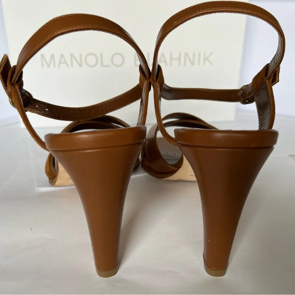 Manolo Blahnik Tan Leather Sandals With Heel NEW NOT USED - Picture 3 of 10